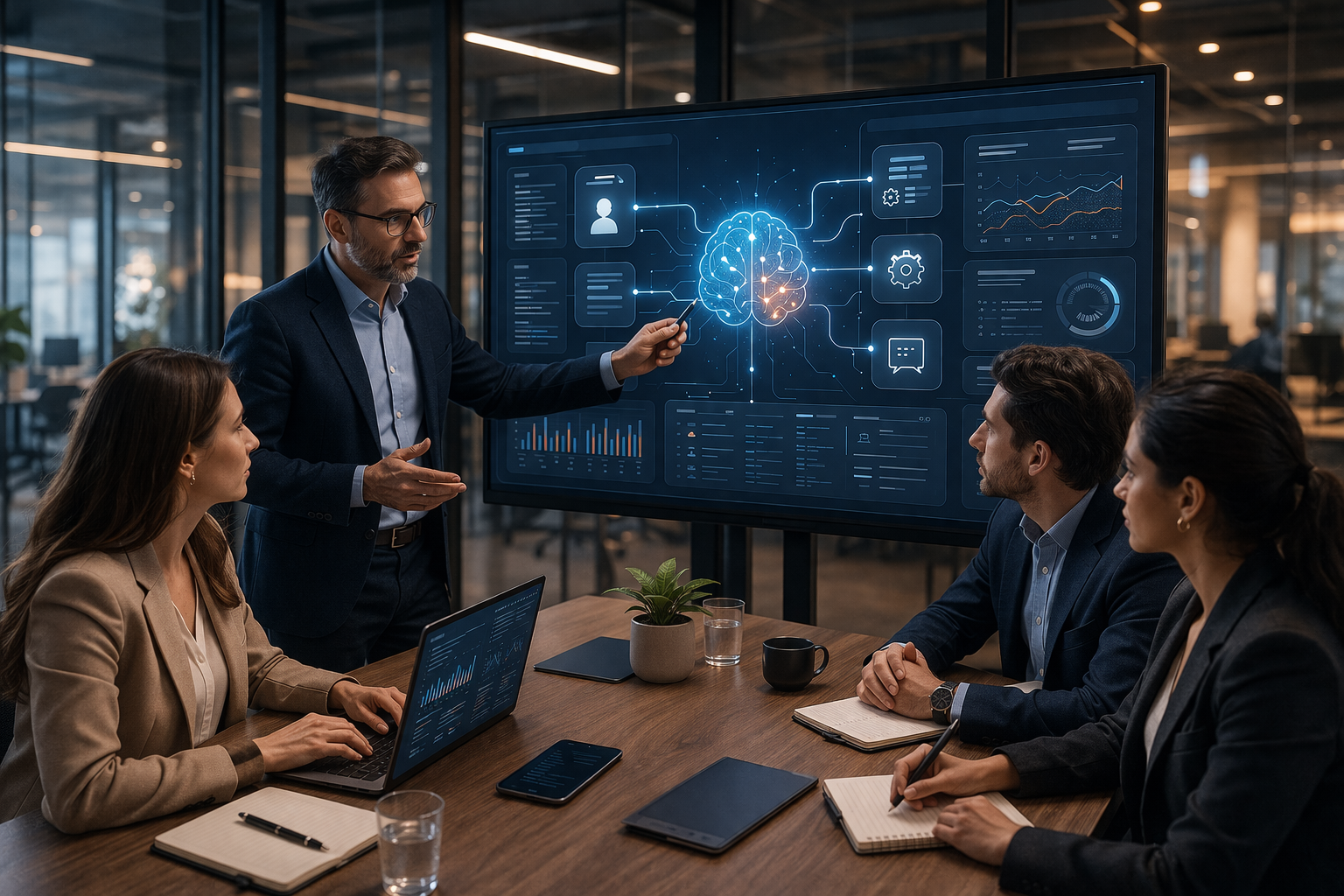 Reunión sobre inteligencia artificial empresarial.
